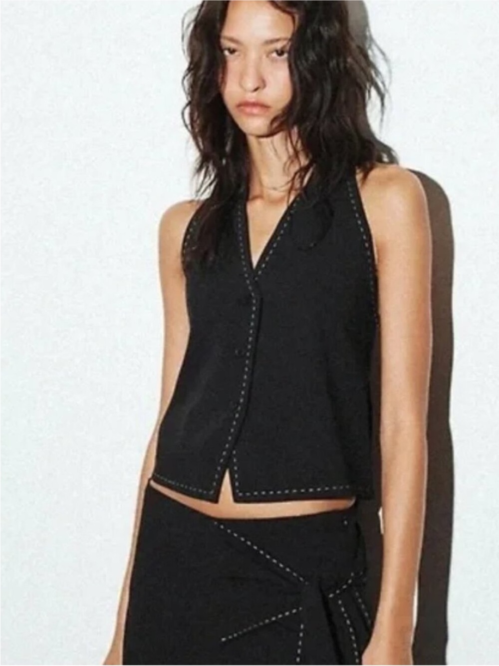 Zara Topstitched Halter Neck Vest Top with Tie Back in black